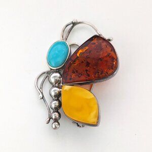 V8 POLAND 925 Silver Butterfly Egg Yolk Baltic Amber Turquoise Cabochon Brooch